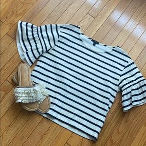 instant smile JCREW navy striped ruffle sleeve top